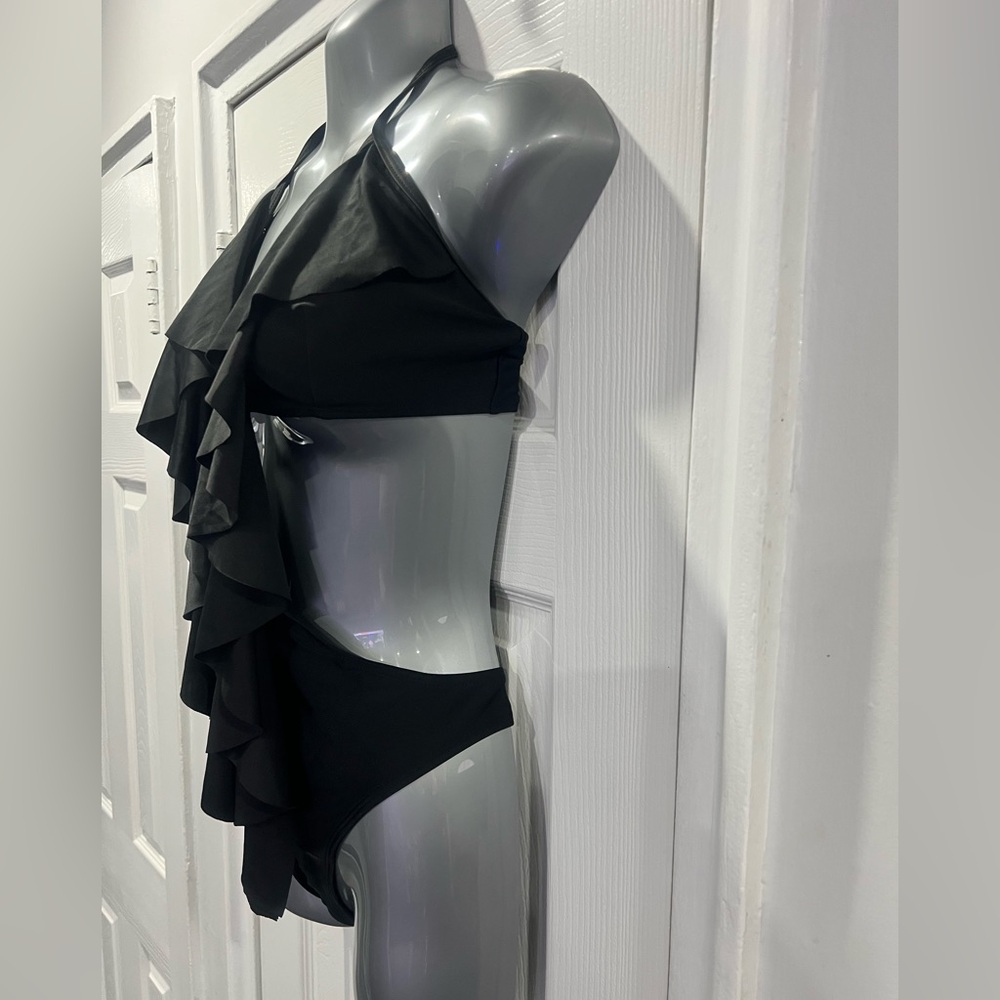 Black Ruffled Halter Swimsuit - Picture 3 of 7